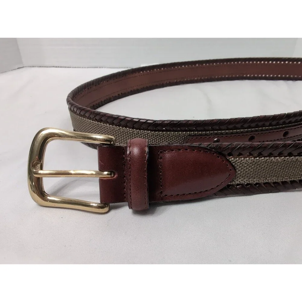 CUSTOM LEATHER BELT LEATHER And WOVEN CANVAS MENS SIZE 42 BROWN/TAN/BRASS